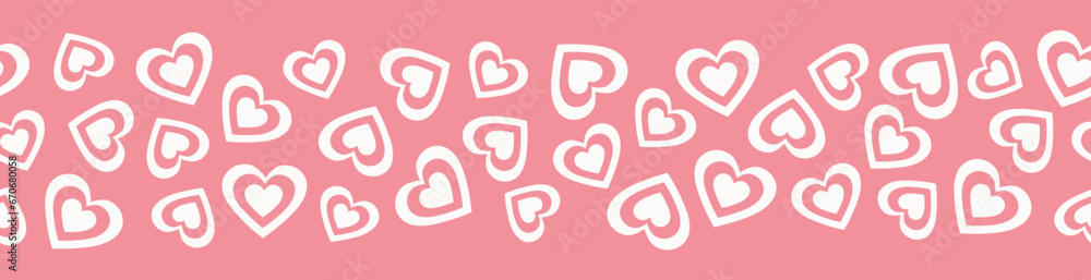 Seamless border of white hearts. Cartoon elements in trendy retro style on pink background. Vector illustration