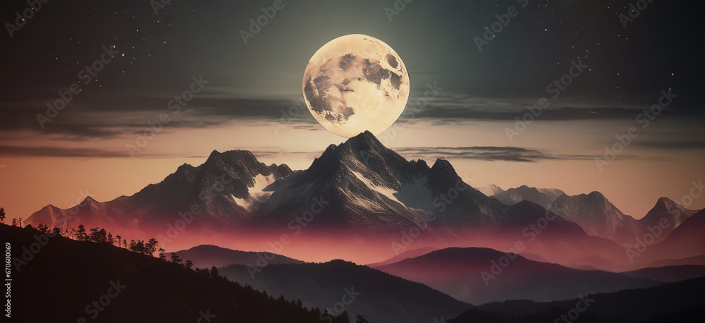 illustrazione di maestoso paesaggio con grande luna piena che sorge su un orizzonte di montagne e foreste, crepuscolo con nebbie - obrazy, fototapety, plakaty 