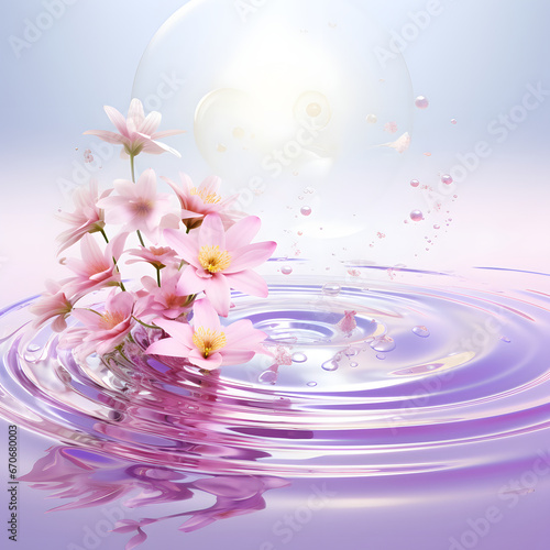  Spring fresh pastel pink flowers in water as background  picture for greeting card  message text   for wedding day  Valentine day and Easter.