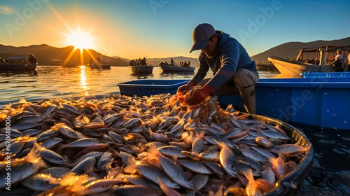 A man collecting fish at sunset on a boat on lake