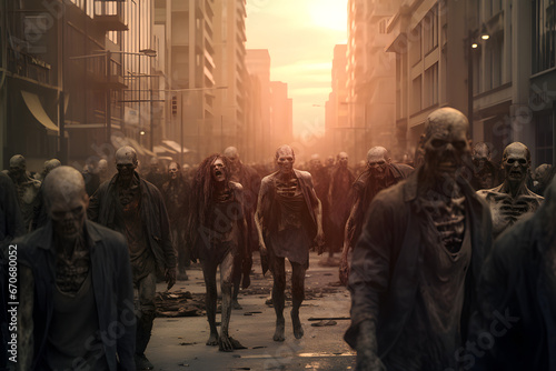 group of zombie walking slow at the city street at sunny morning or evening. Neural network generated image. Not based on any actual person, scene or pattern.