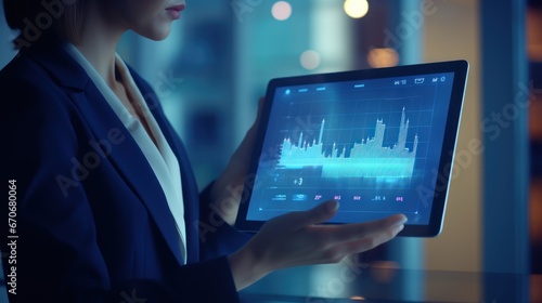 Businesswoman holding tablet and showing a growing virtual hologram of statistics. Graph and chart. Business growth. Planning and strategy concept.