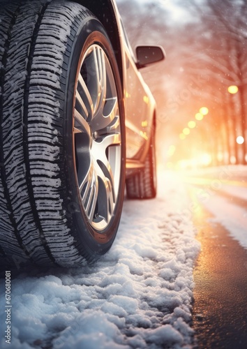 Winter snowy car tires in the snowing winter season on wet road. Generative Ai. © annamaria