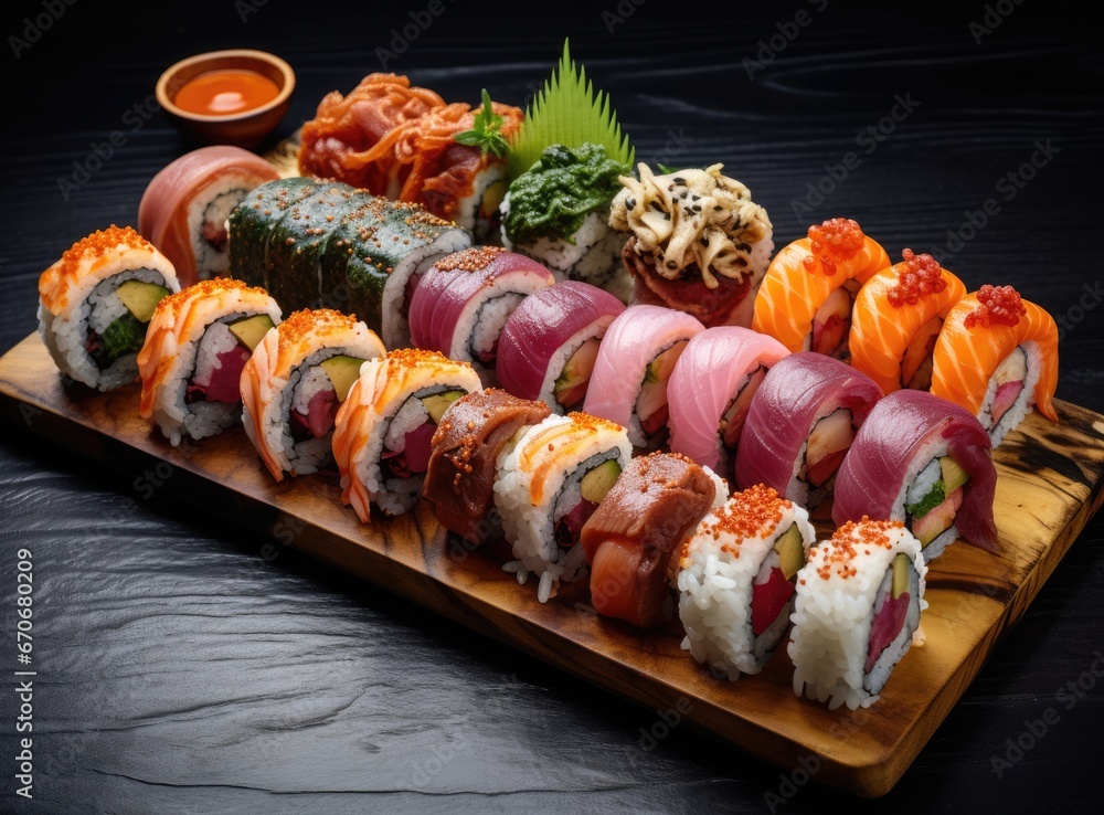 sushi on a table with various meats, in the style, great japanese food sushi on a table with various meats, in the style, great japanese food