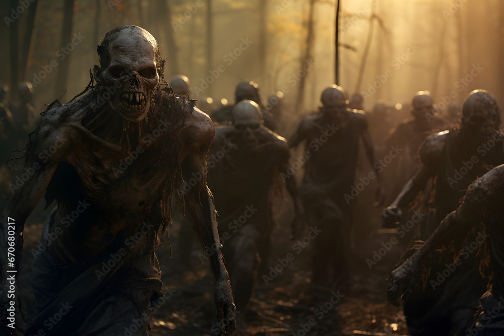 Fototapeta premium group of zombies in the forest at sunset or sunrise walking toward viewer. Neural network generated image. Not based on any actual person, scene or pattern.