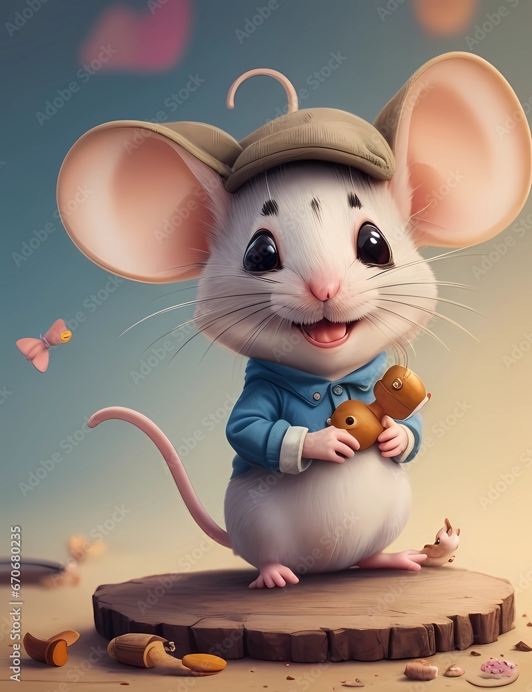  Cute little mouse with big eyes. 3D illustration. Vintage style.
