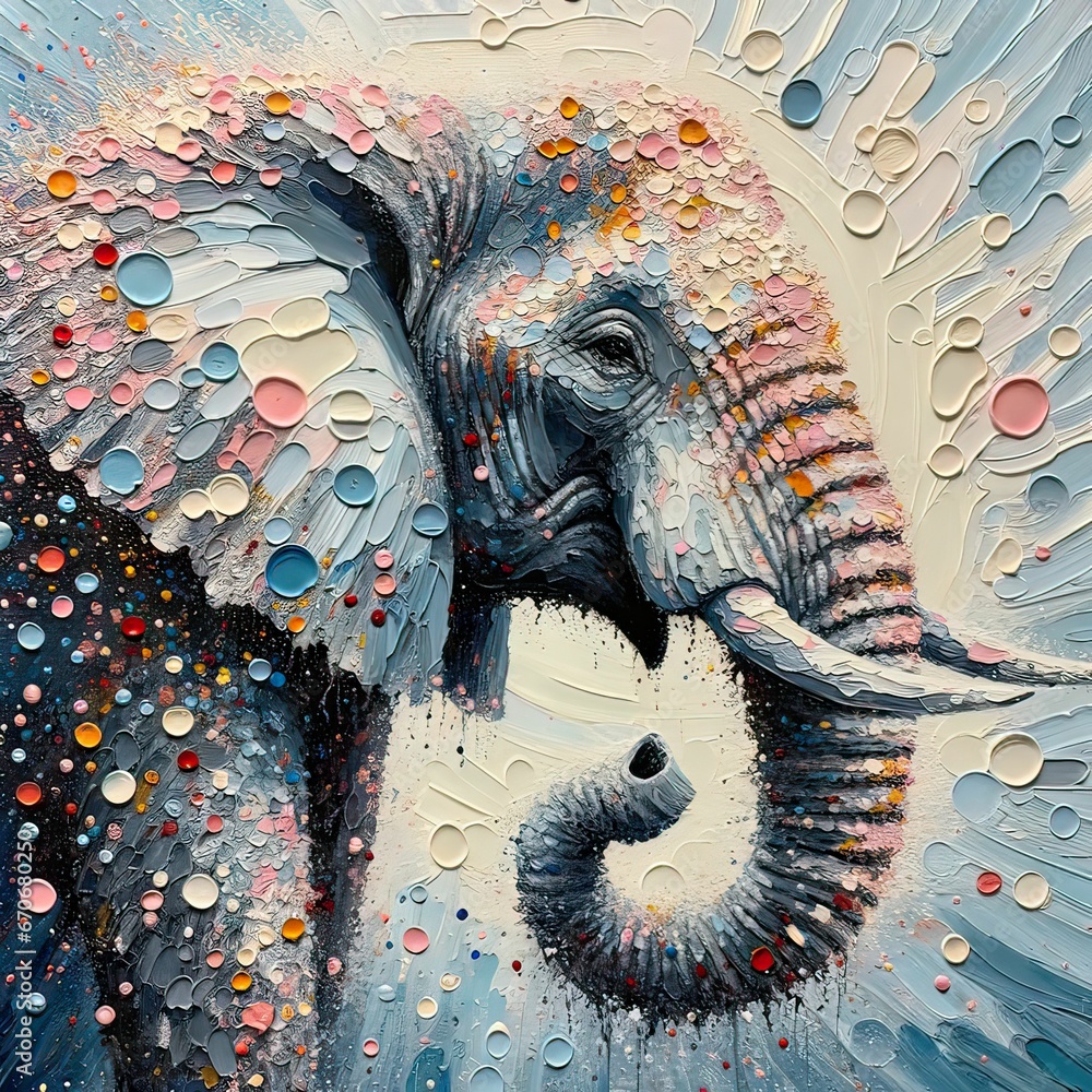 Obraz premium Textured polka dot painting, elephant, colorful raindrops, raised trunk, impressionistic.