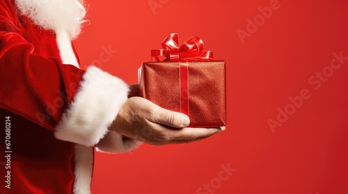 Capturing the Magic: Santa Claus's hand holding a gift on a vibrant red background, evoking the joy and spirit of the holiday season