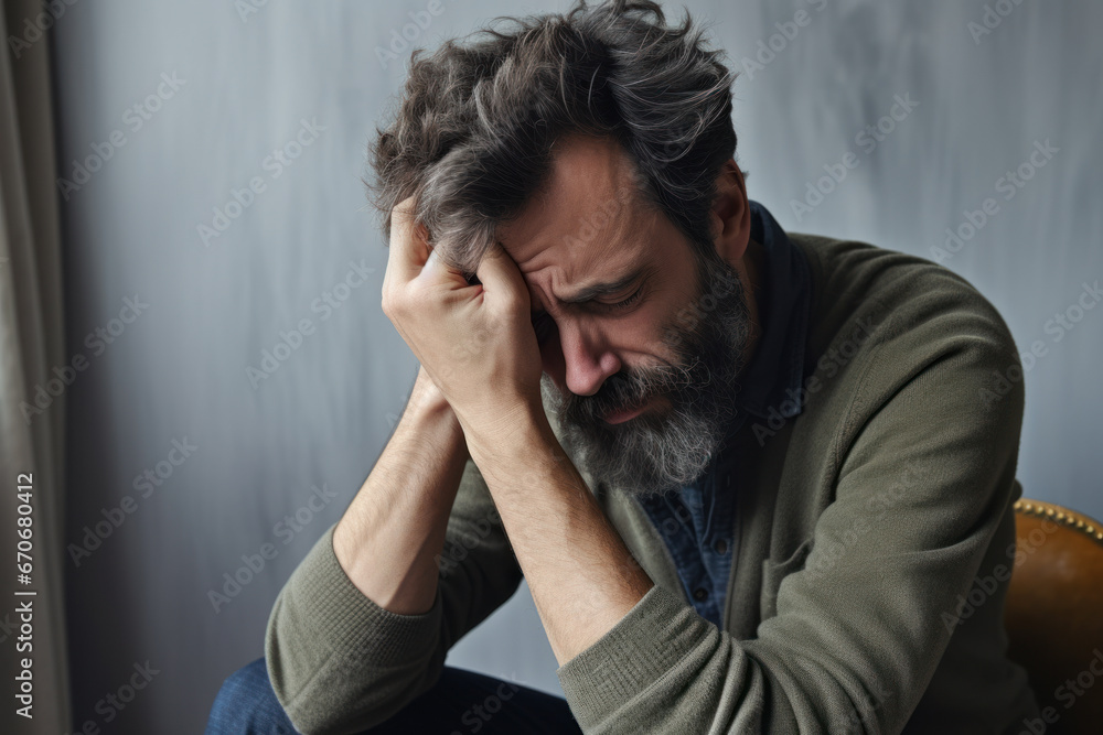 A distressed man showing signs of despair and sadness A distressed man showing signs of despair and sadness