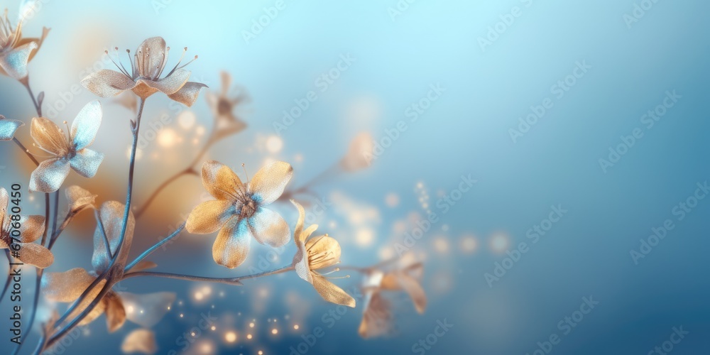 Beautiful abstract gold and blue misty morning photo floral design background banner. beautiful Generative AI AIG32 - obrazy, fototapety, plakaty 