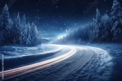Winter snowy wet road in the snowing winter season with lights. Generative Ai. © annamaria