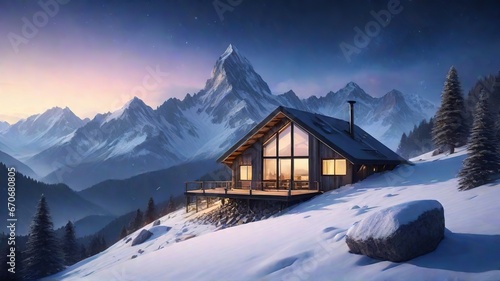 Winter skiing mountain cottage scene surrounded by snow covered in the Alps. © Badr