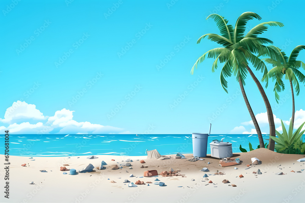 trash on tropical beach view at sunny day with white sand, turquoise water and palm tree. Neural network generated image. Not based on any actual scene or pattern.