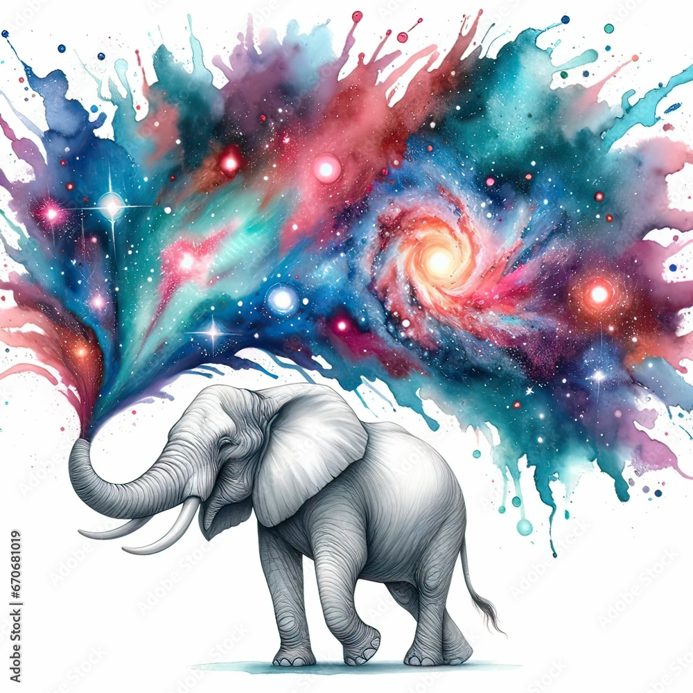 Obraz premium Elephant, centered. Cosmic explosion from trunk. Vivid colors: blues, reds, purples. Stars, galaxies within mist. Surreal, vibrant. Contrast: realism and fantasy.