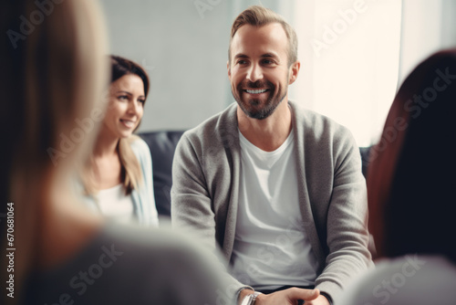 Man participating in a supportive community group session in a rehabilitation center photo