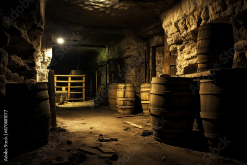 Old musty barrels in a dark and abandoned cellar photo