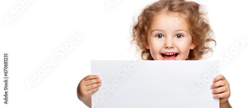 A woman in her early 30s wearing a white summer dress cheerfully holding a sign isolated against a white background