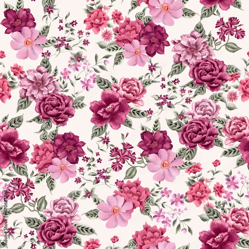 Watercolor flowers pattern, pink romantic roses, green leaves, white background, seamless