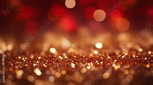 Red and gold bokeh with elegant sparkling particles on dark background. Christmas Golden light shines dust. Seasonal light decorative abstract design element. Holiday concept