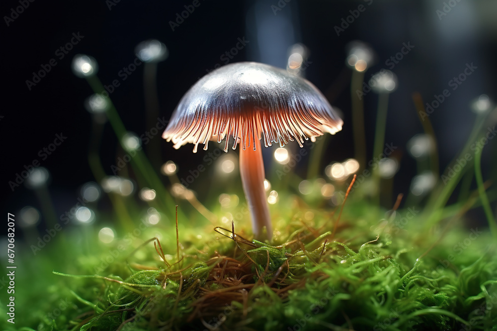 Fototapeta premium Mushroom Lights in the Grass, mushrooms closeup in the forest.