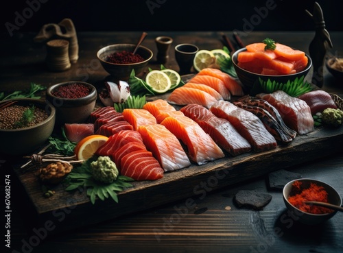 sushi on a table with various meats, in the style, great japanese food