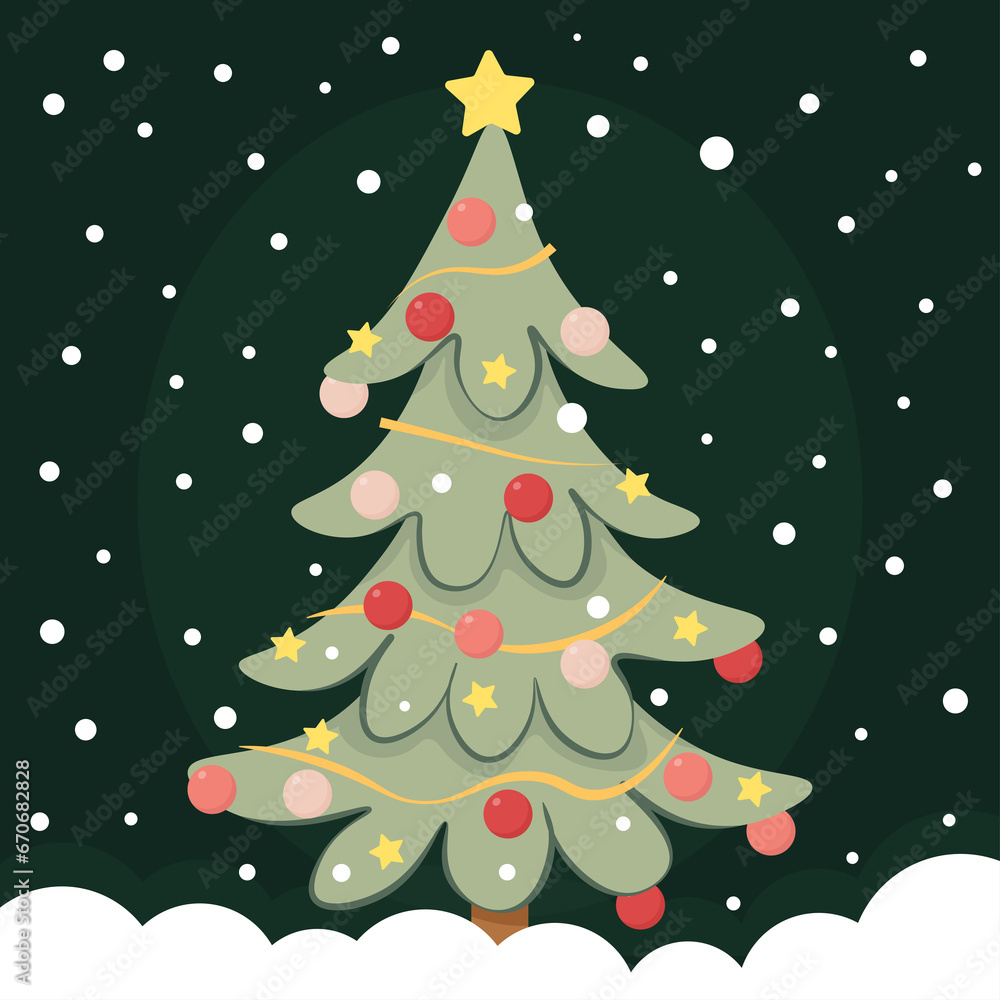 Decorated Christmas tree on a dark background with falling snow
