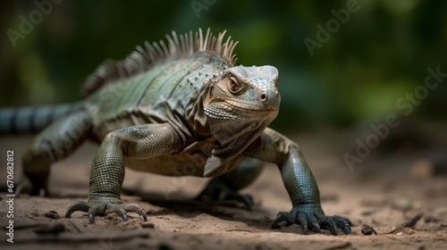 Close up of a green iguana on the ground in Costa Rica © John Martin