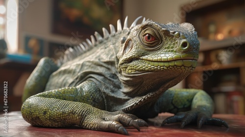 Close up of a green iguana on a wooden table in a room