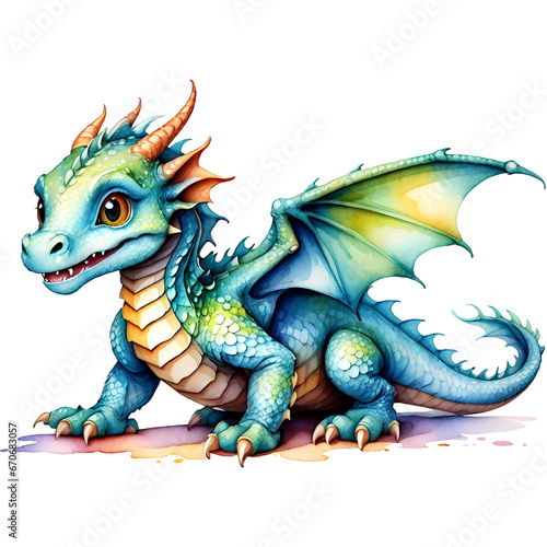 Cartoon green baby dragon isolated on a white background. Fairytale monster. Watercolor illustration.