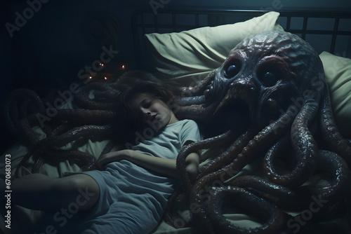 Scared Caucasian girl sleeping in the house with imaginable monster. Neural network generated image. Not based on any actual person or scene.