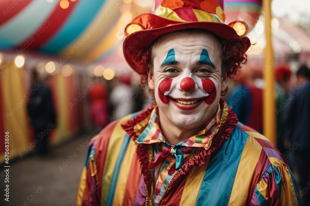 Funny laughing clown dressed in colorful clothes on colorful background. Generative Ai. Funny laughing clown dressed in colorful clothes on colorful background. Generative Ai.
