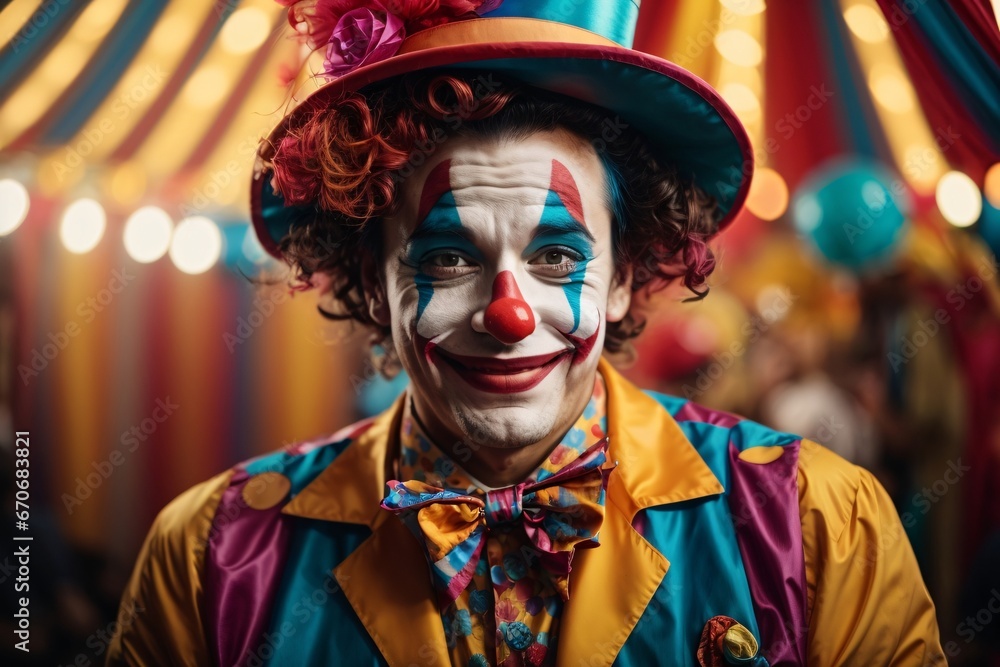 Funny laughing clown dressed in colorful clothes on colorful background. Generative Ai. Funny laughing clown dressed in colorful clothes on colorful background. Generative Ai.