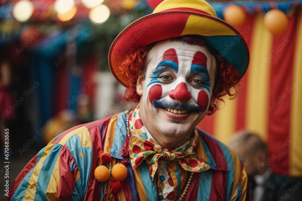 Funny laughing clown dressed in colorful clothes on colorful background. Generative Ai. Funny laughing clown dressed in colorful clothes on colorful background. Generative Ai.