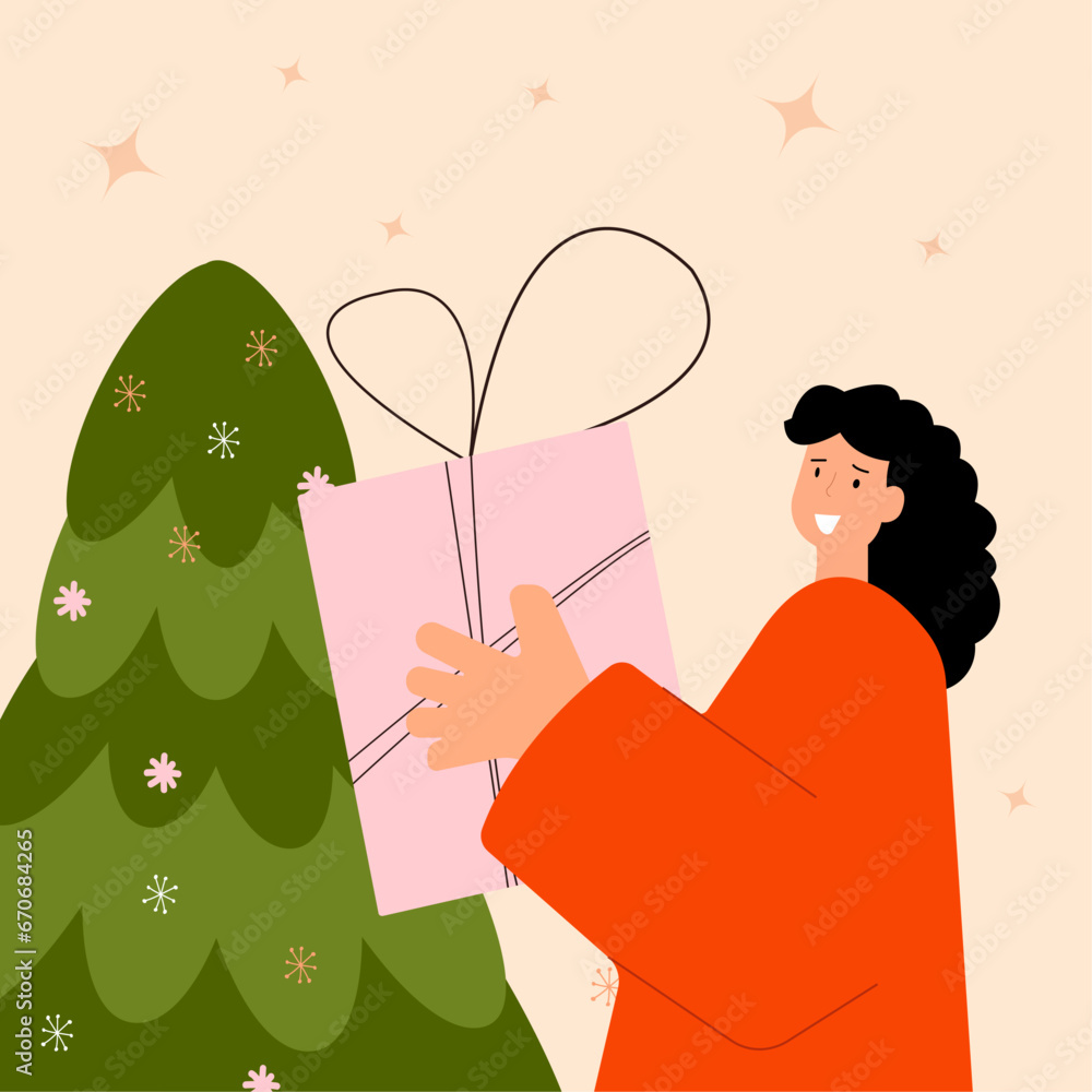 Obraz premium Girl with a gift near the Christmas tree. Illustration in flat style