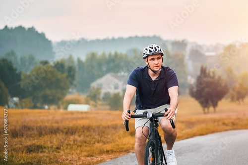 Biker in the forest. Cycling exploration adventure. Man rides a bicycle.