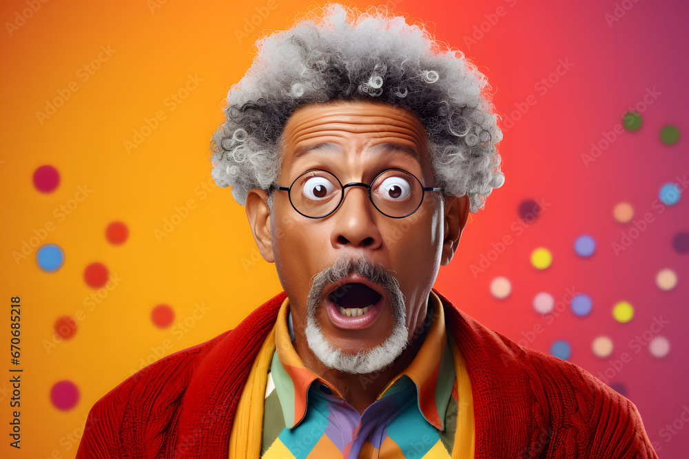 Surprised African American man with glasses on colorful background. Neural network generated image. Not based on any actual person or scene.