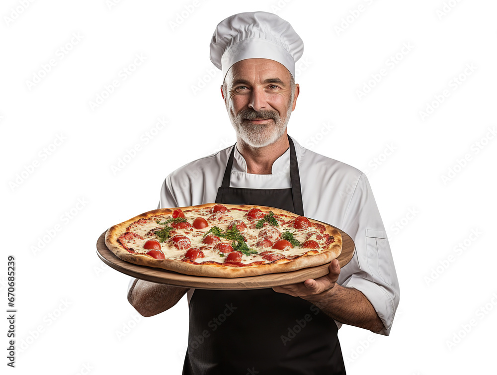 Middle-aged chef holding a big delicious pizza, cut out