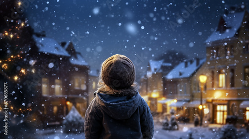 child looking at snowfall at the evening christmas background