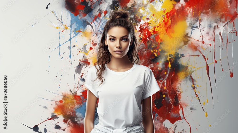Fashion Design of a Beautiful Young Woman on a Colourful Background, Aggressive Punk Pose of a Female Instructor on a White Background, Bright Illustration of a Stylish Girl with Acrylic Paint