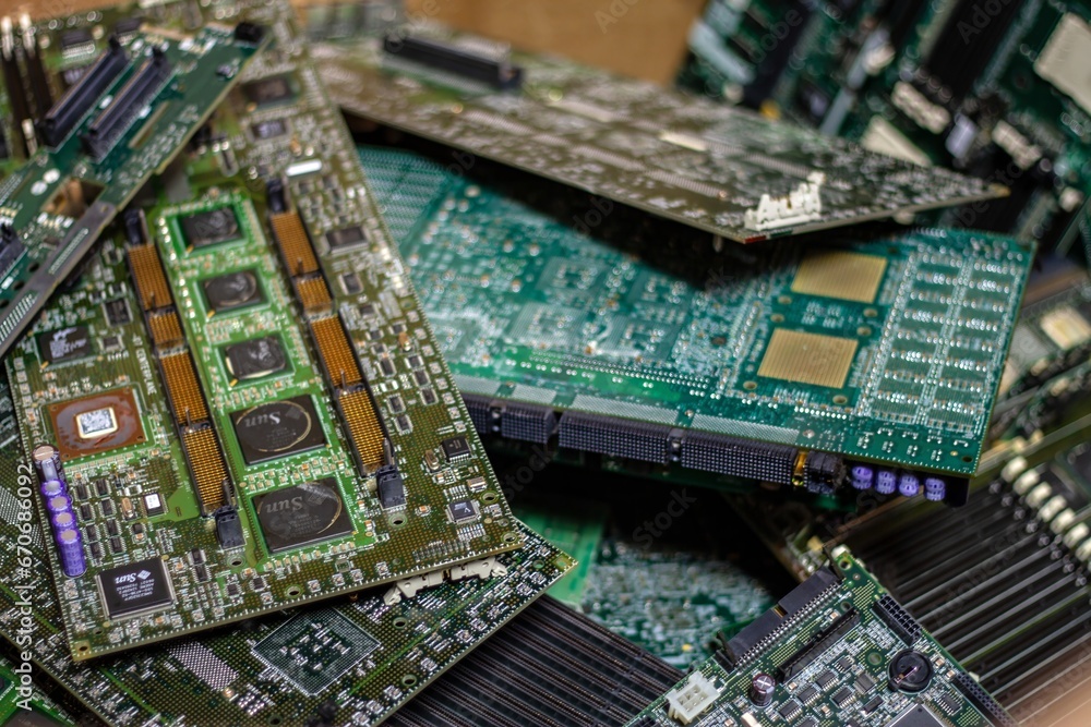 recycled computer motherboards. Background with circuit boards