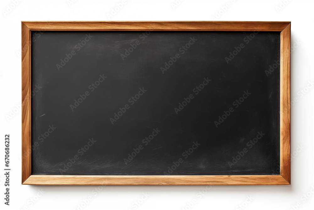 A black rectangular board with a wooden frame, hanging on a white isolate background A black rectangular board with a wooden frame, hanging on a white isolate background
