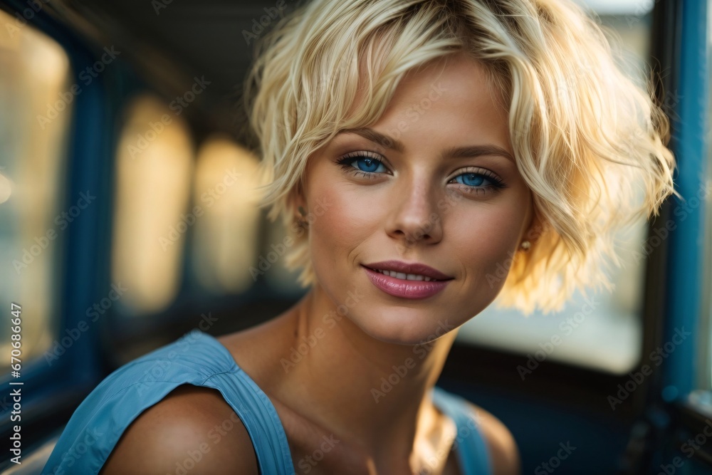 Beautiful blonde woman with short hair and blue eyes , ruddy skin, beautiful, full lips, a minuscule amount of clothing, smiling, feeling of lightness and joy. Generative Ai. Beautiful blonde woman with short hair and blue eyes , ruddy skin, beautiful, full lips, a minuscule amount of clothing, smiling, feeling of lightness and joy. Generative Ai.