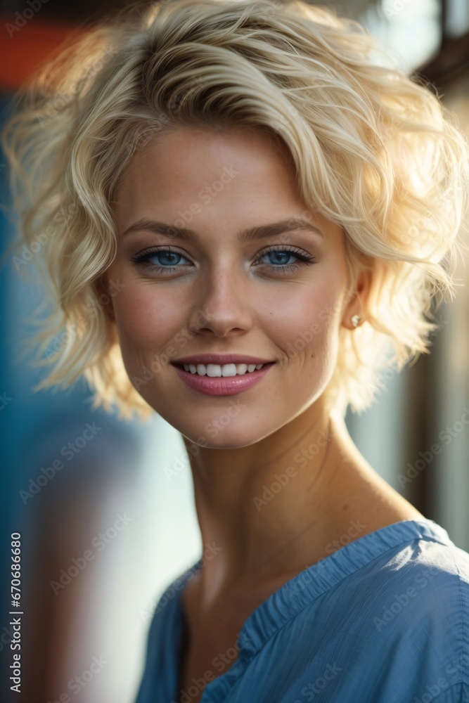 Beautiful blonde woman with short hair and blue eyes , ruddy skin, beautiful, full lips, a minuscule amount of clothing, smiling, feeling of lightness and joy. Generative Ai. Beautiful blonde woman with short hair and blue eyes , ruddy skin, beautiful, full lips, a minuscule amount of clothing, smiling, feeling of lightness and joy. Generative Ai.