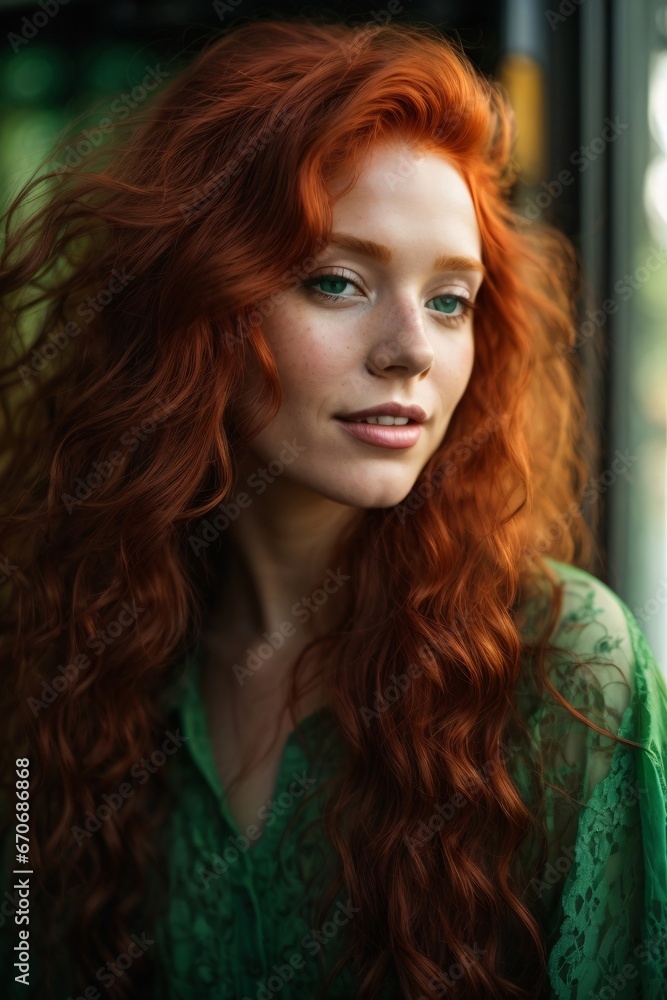Beautiful red-haired woman with long hair and green eyes , ruddy skin, beautiful, full lips, a minuscule amount of clothing, smiling, feeling of lightness and joy. Generative Ai. Beautiful red-haired woman with long hair and green eyes , ruddy skin, beautiful, full lips, a minuscule amount of clothing, smiling, feeling of lightness and joy. Generative Ai.