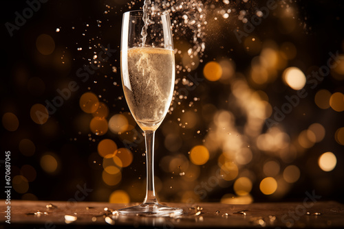 A close-up of a glass of champagne with bubbles rising from it on a black background