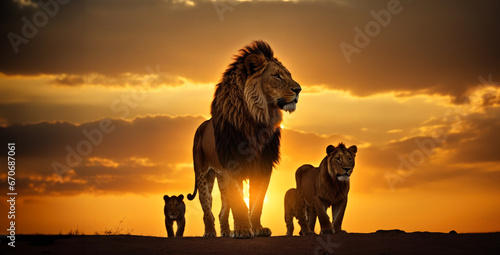 Family of lions in the savannah at sunset