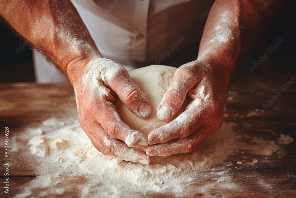 Baker kneading bread dough. Bakery. Generative AI
