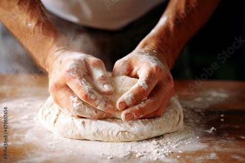 Baker kneading bread dough. Bakery. Generative AI © Oleksandr