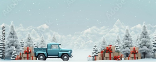 Christmas background. pickup truck with Christmas trees and gifts. Happy New Year and Christmas, AI generator