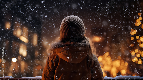 child girl looking at snowfall at the evening christmas background